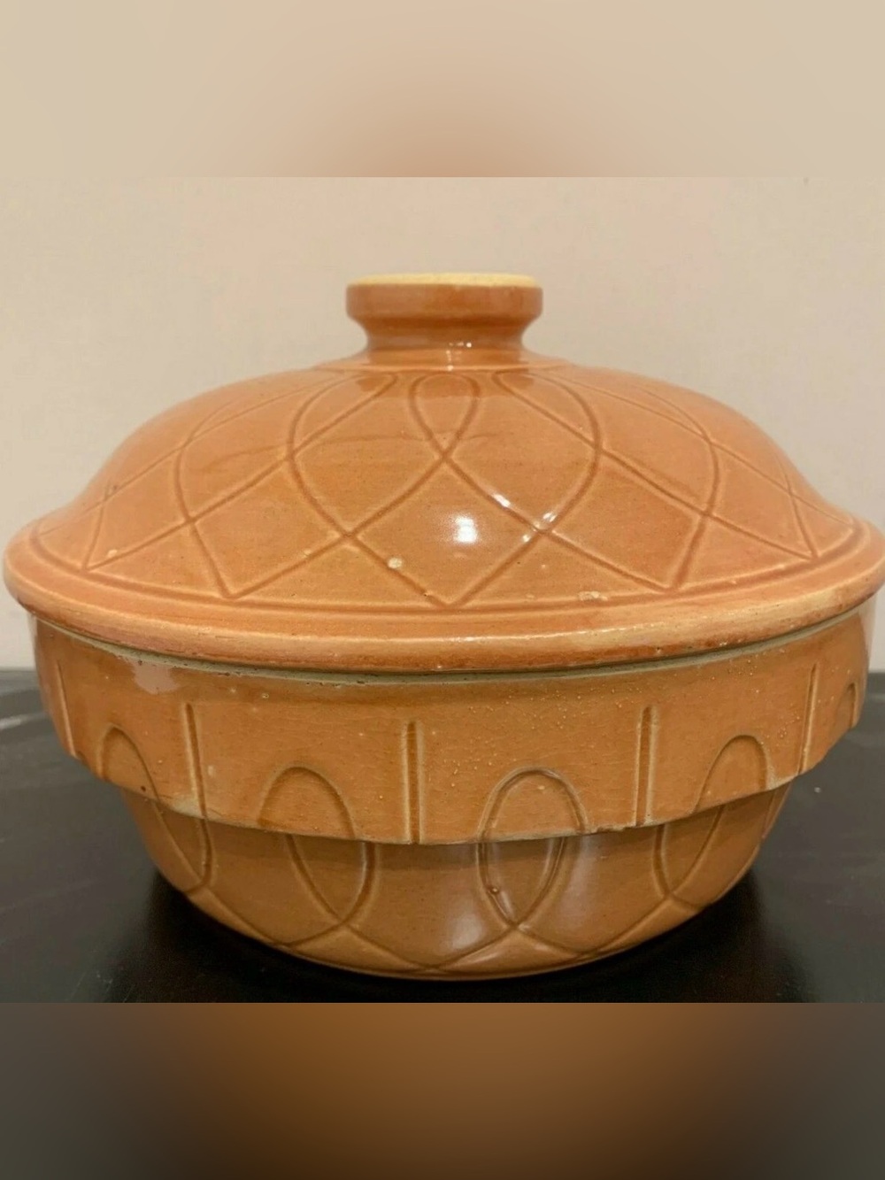 Vintage 1940s Watt Pottery Pumpkin Arcs #8 Covered Casserole Dish with Lid